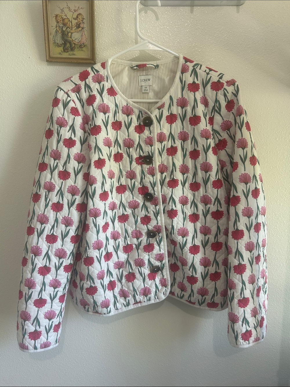 J. Crew White Quilted Jacket with Pink & Red Floral Print